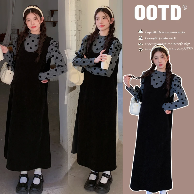 孕妇连衣裙秋冬2024新款时尚法式宽松灯芯绒背带裙套装秋装显瘦