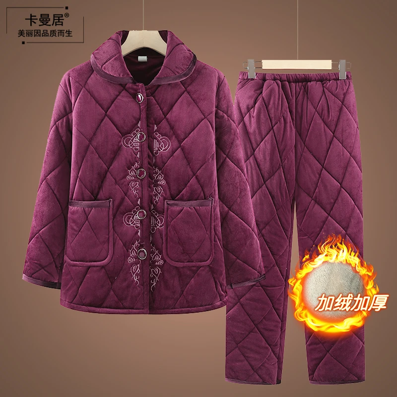 老年人冬装女妈妈装加绒加厚睡衣裤两件套奶奶家居服保暖套装棉袄
