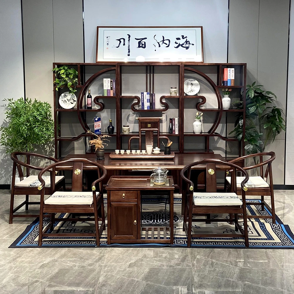 新中式乌金木实木大板茶桌椅组合现代简约办公家用干湿泡茶台茶桌