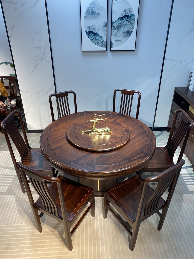 新中式餐桌乌金木圆桌古典全实木餐桌家用实木餐桌家具乌金木餐桌