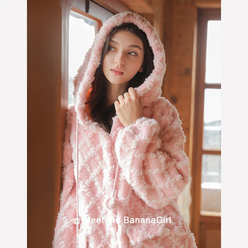 Bananagirl【莫扎特粉黛】女秋冬中长款睡袍保暖冬季家居服可外穿