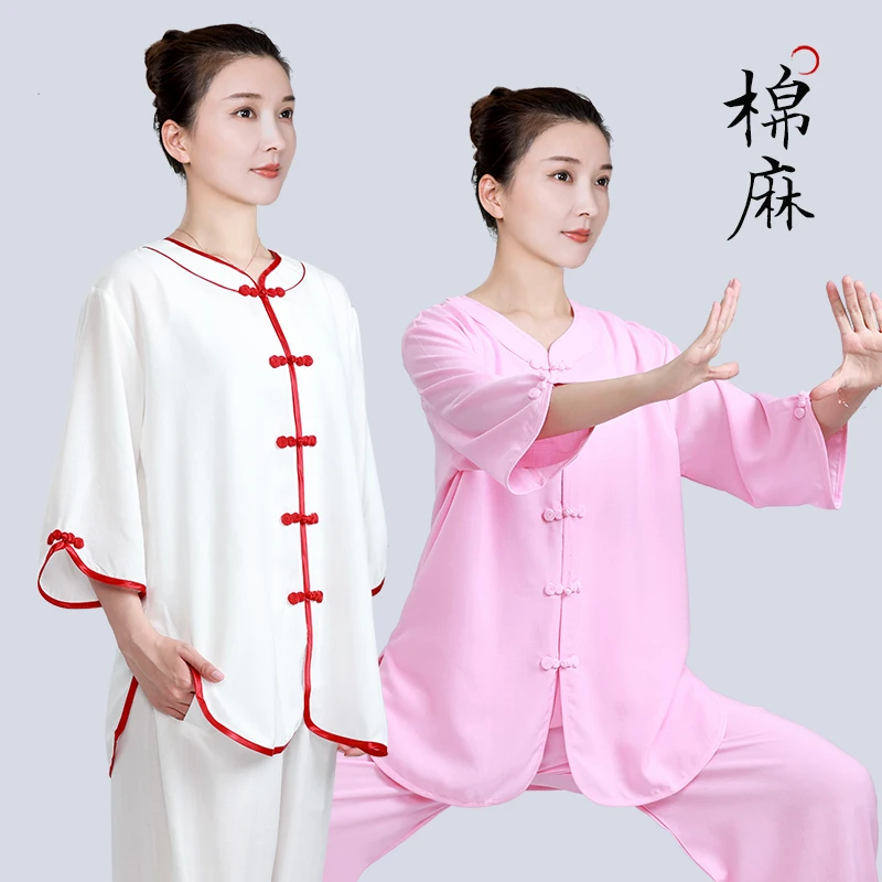 太极服女夏天新款高端棉麻亚麻太极拳练功服女夏季透气短袖八段锦