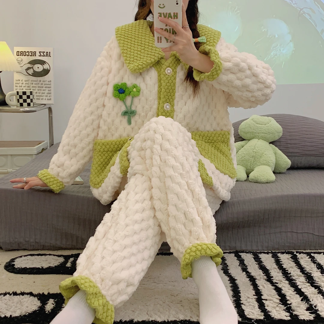 加厚澳岛绒长袖加绒套装睡衣女保暖家居服套装8808