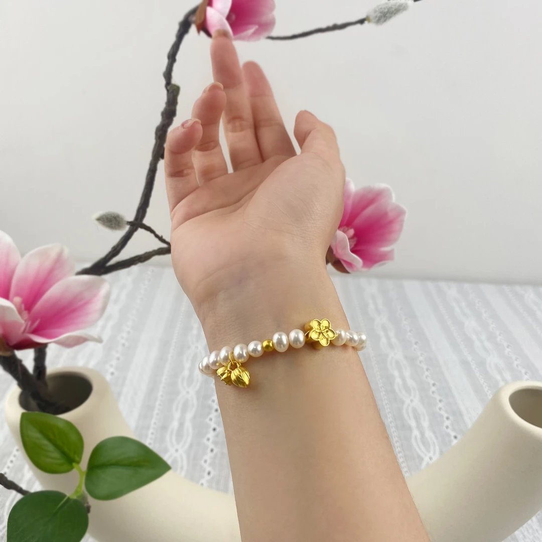 足金黄金两世欢桃花莲蓬手链淡水珍珠手串百搭女士时尚