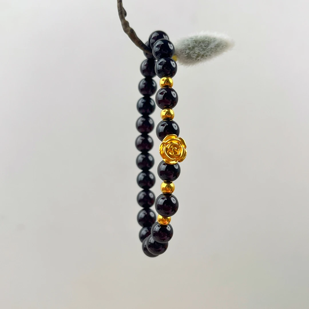 足金黄金玫瑰花小金珠手链女款石榴石手串卡7