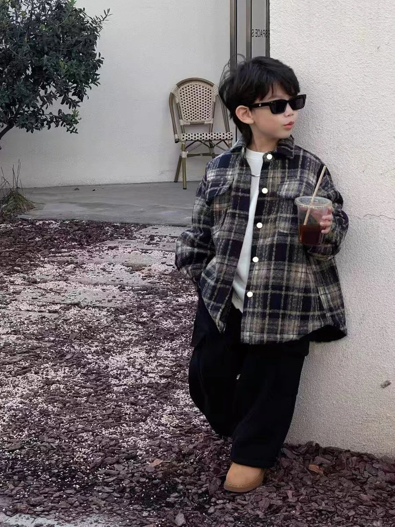 男童外套秋冬款2024新款秋季中大儿童男孩冬装夹棉加厚衬衫上衣潮