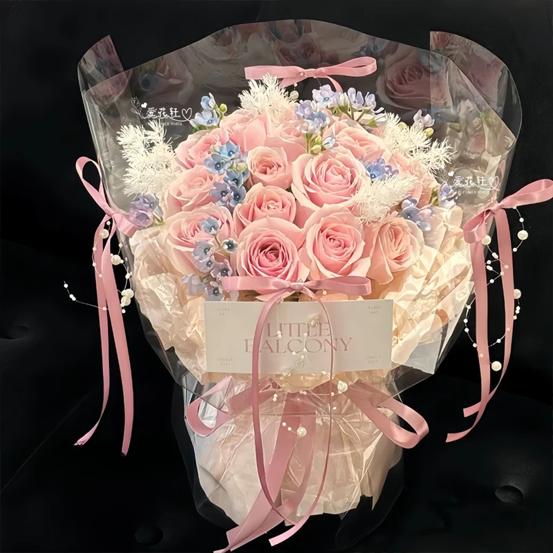 『一路有你 甜蜜』13枝粉玫瑰搭蓝星花小香风花束送女生女友送朋友送老婆送闺蜜 同城配送 送花上门 小时达