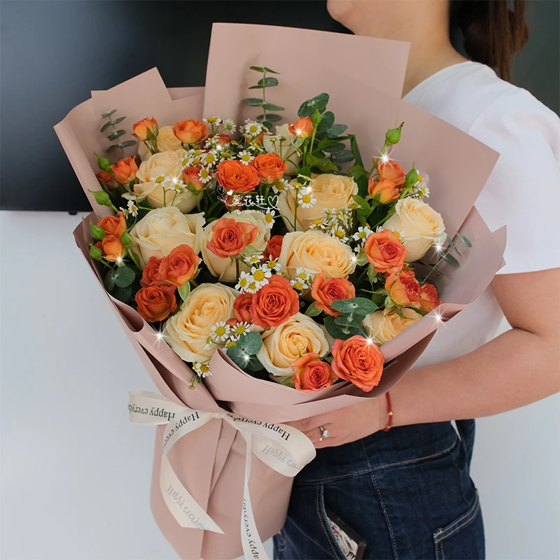 ♥【心想事橙】11枝香槟玫瑰混搭橙芭比花束送生日鲜花祝福送同学老师小时达同城配送送货上门