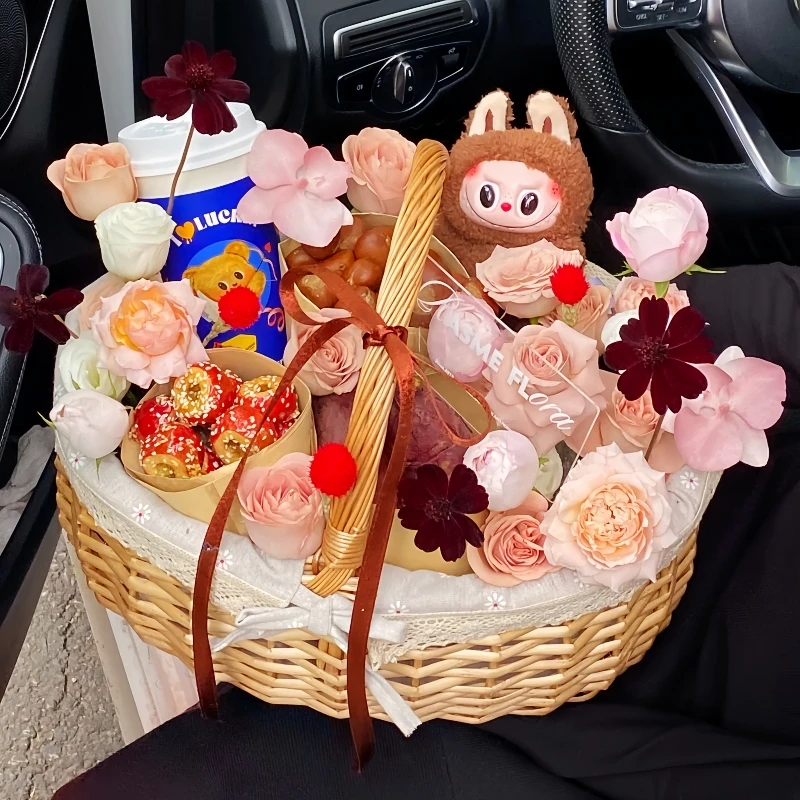 『入冬四件套』1个玩偶随机+奶茶随机+板栗+烤红薯+山楂糖球混搭手提花篮冬日送女友闺蜜立冬小礼物小时达配送
