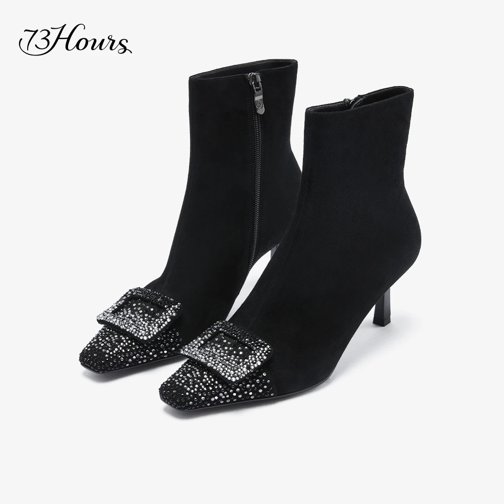 【抢跑双11】73hours女鞋数星星新新款水钻饰扣高跟小短靴瘦瘦靴