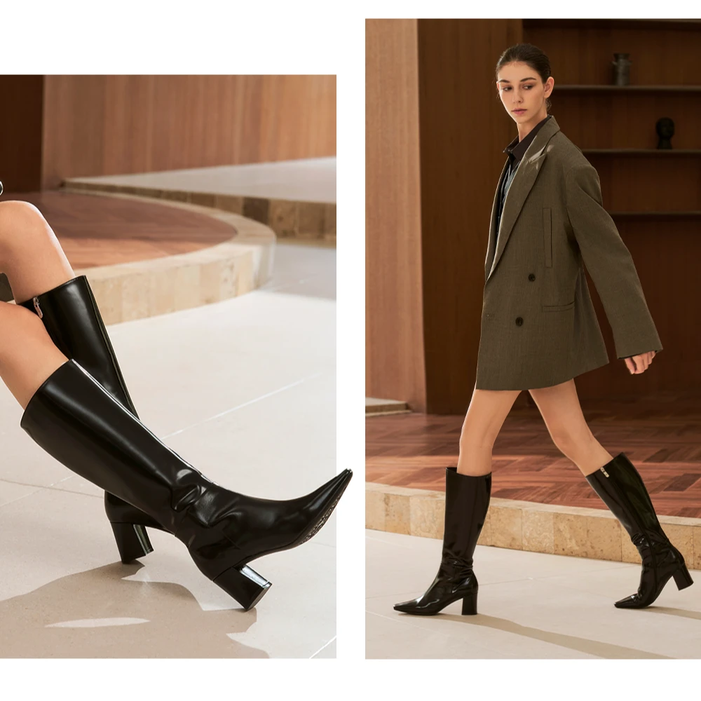 73hours女鞋黄金比例2024冬季新款方头粗高跟时装靴长筒瘦瘦靴子