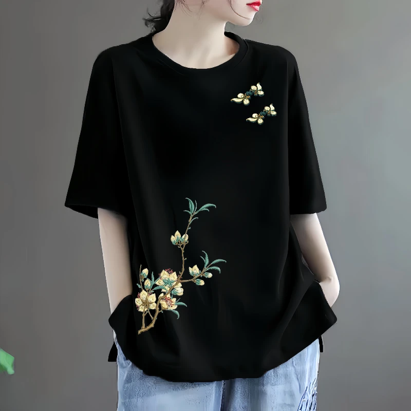 100%纯棉大码200斤短袖T恤女国风民族风宽松2024新款夏季宽松显瘦