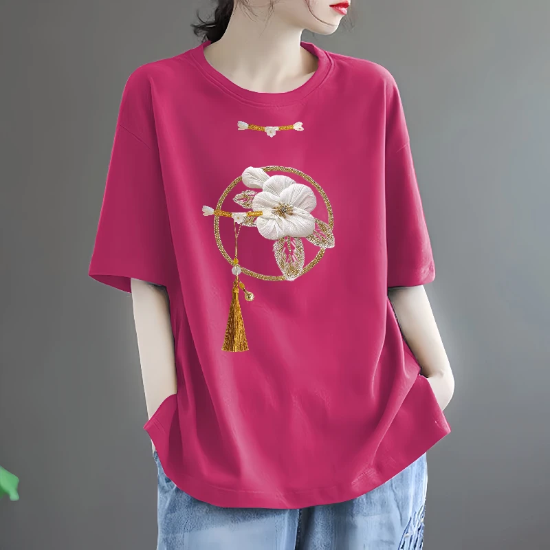 2024夏季新款国风纯棉T恤女大码百搭宽松显瘦时尚气质减龄上衣ins