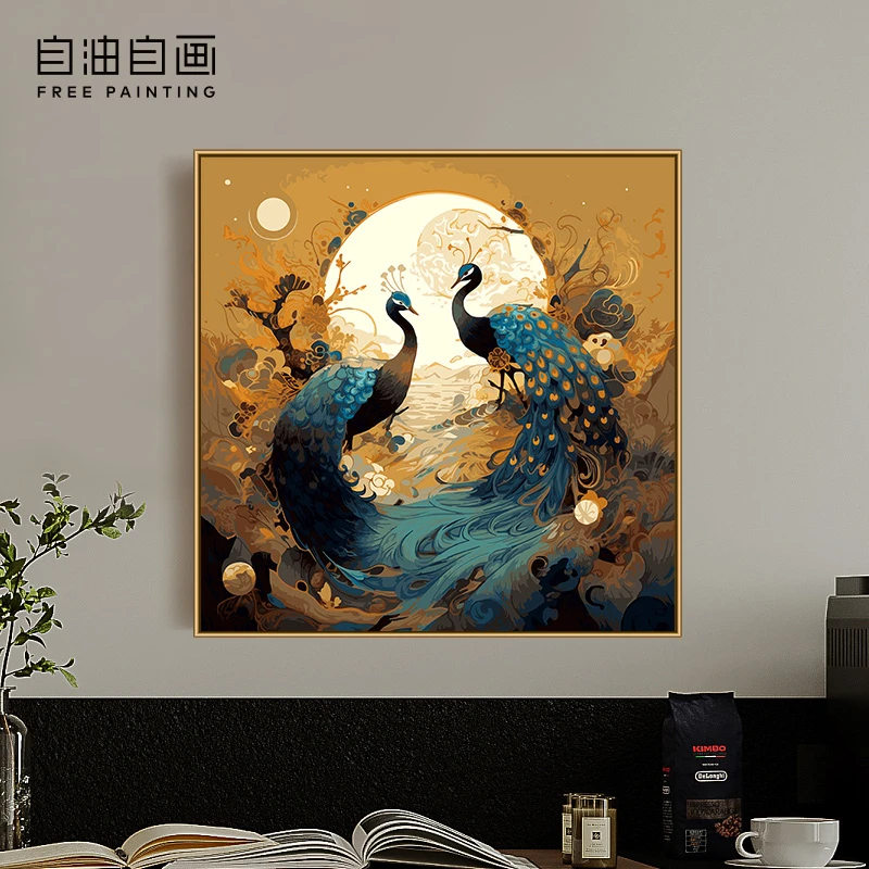 中式婚庆高档客厅装饰画数字油画手绘填色轻奢玄关挂画手工礼物