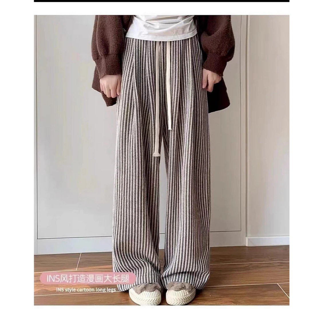 Y2110美式条纹阔腿裤秋季新款复古直筒显瘦拖地裤阔腿裤J1-8-3-4