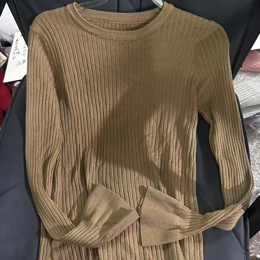 y9936新款条纹针织圆领喇叭袖修身显瘦侧开叉休闲百搭上衣H1-4