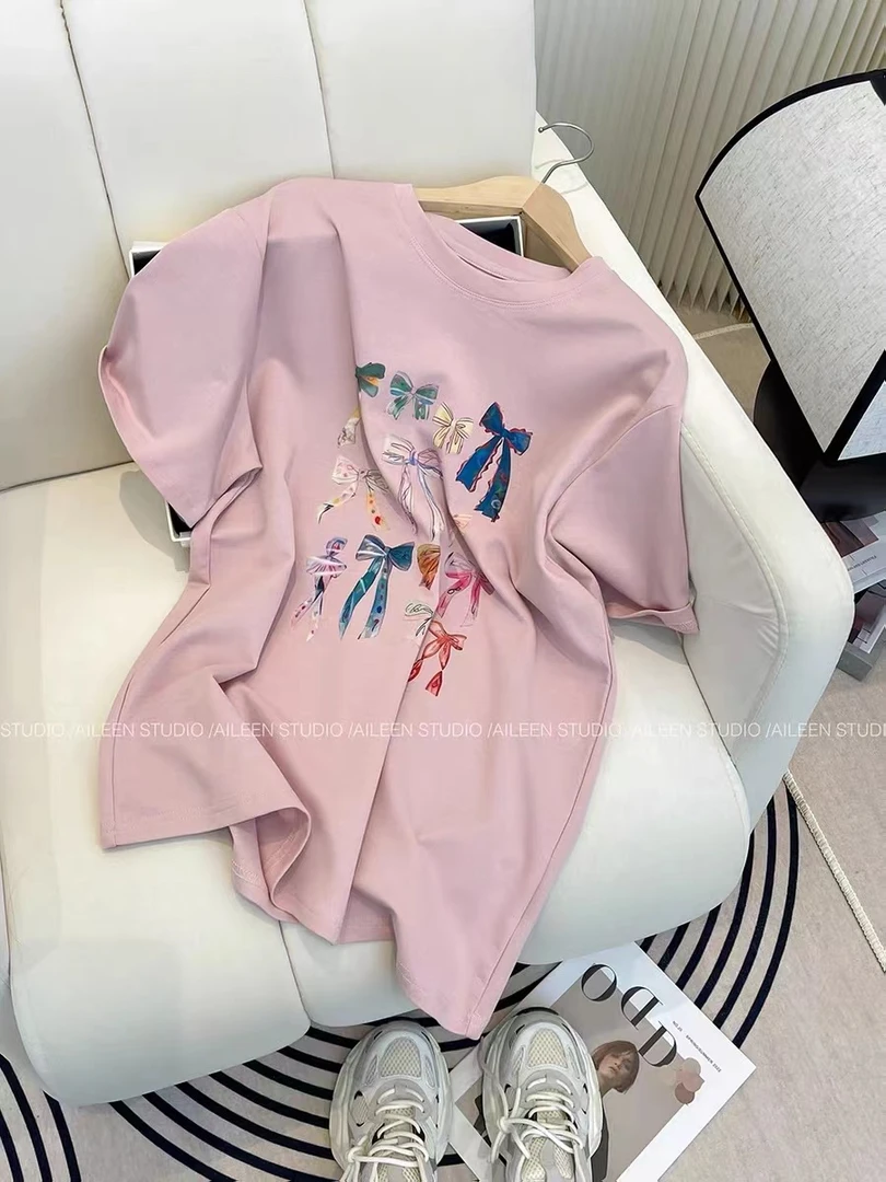 5253粉色蝴蝶结印花宽松大版休闲女百搭T恤短袖Z3-13