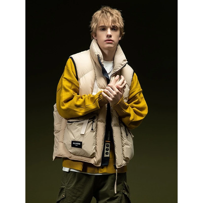 易麦2023冬季新款美式潮牌外套青少年情侣短款羽绒服马甲男女同款