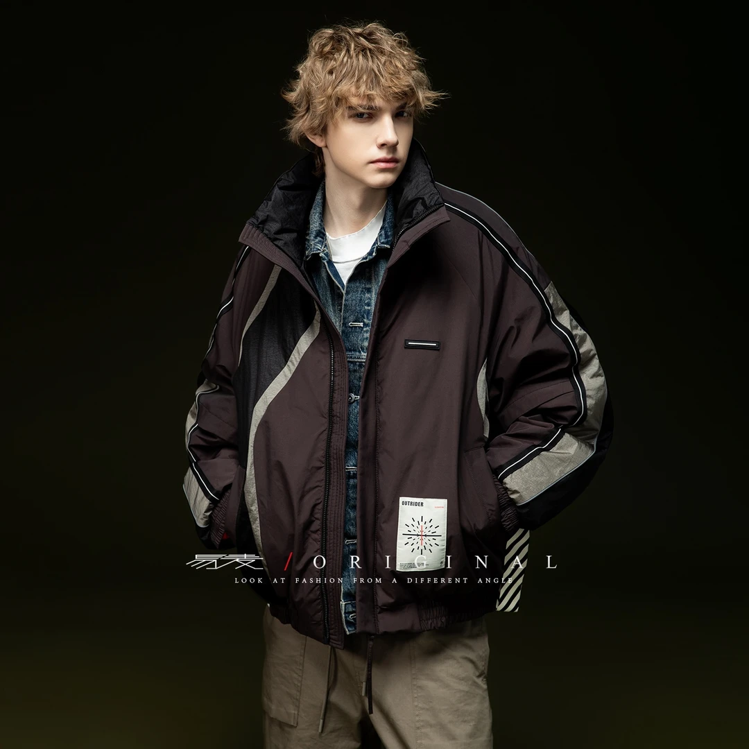 易麦2024冬季新款潮牌拼色抗寒保暖连帽白鸭绒工装羽绒服外套男女