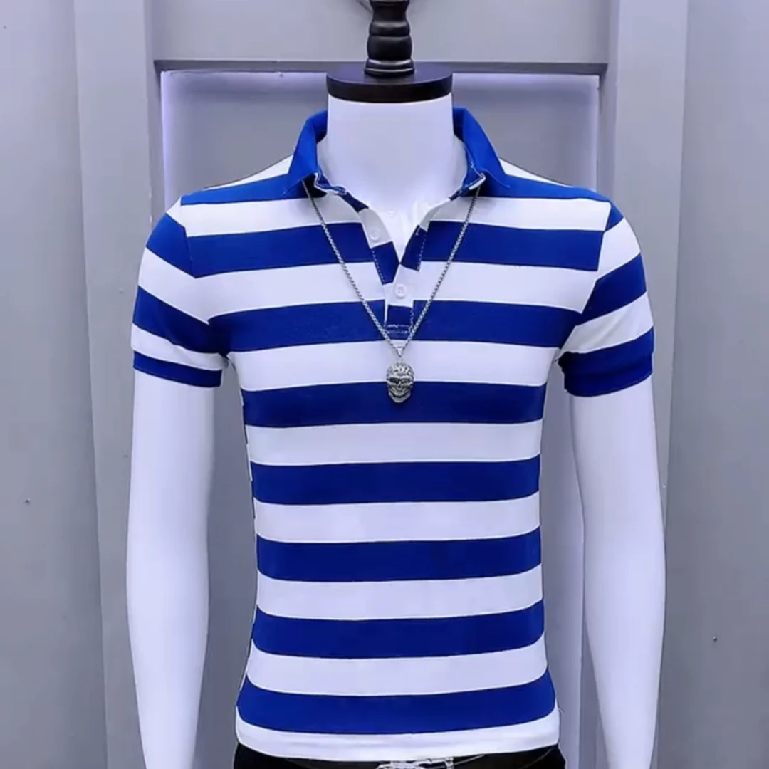 2025潮流夏季高级感帅气条纹Polo衫短袖男修身青年气质轻熟风半袖
