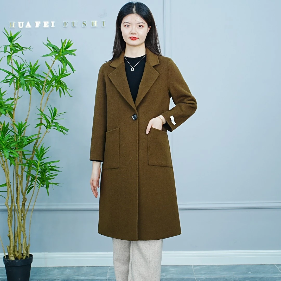时尚女士秋冬新款毛呢大衣外套纯色气质显瘦羊毛大衣长款毛呢2229