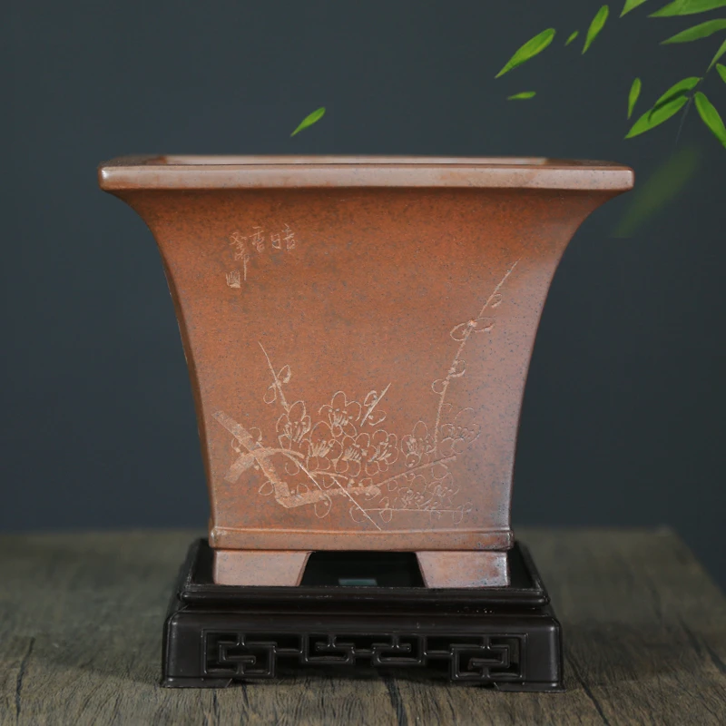 柴烧紫砂花盆仿古四方斗笠大口径兰花盆老桩盆景盆绿植 室内 盆栽
