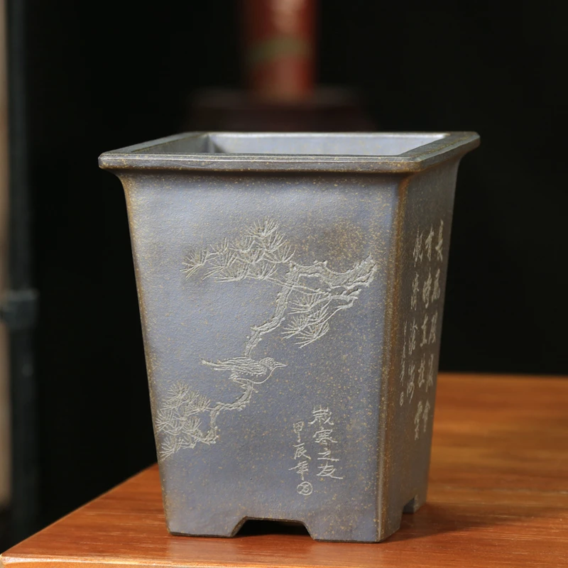 精品紫砂花盆天青泥刻绘透气四方签筒兰花兰草君子兰盆景专用盆