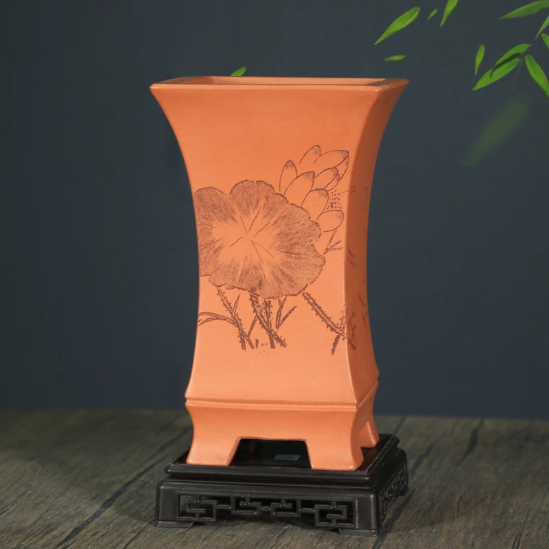 宜兴紫砂花盆精品四方兰花专用盆古典简约轻奢透气室内盆栽带托盘