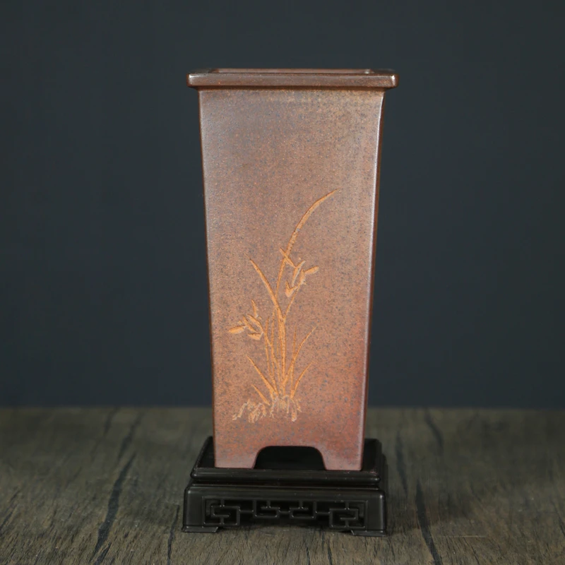 宜兴紫砂盆景盆室内桌面花卉柴烧透气陶瓷盆四方签筒兰花盆古典