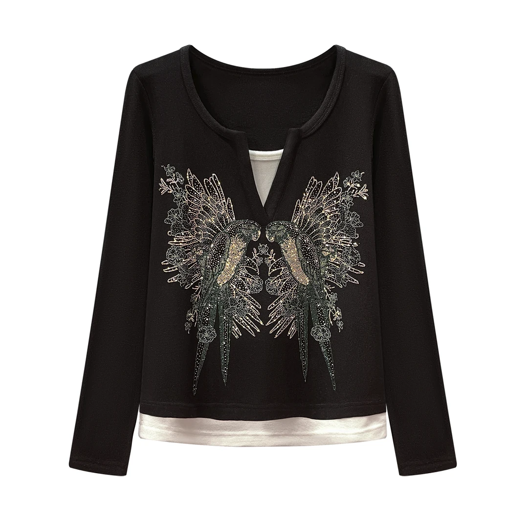 Robert Girme 【双喜相逢 】秋季款轻奢重工烫钻针织长袖上衣#2197