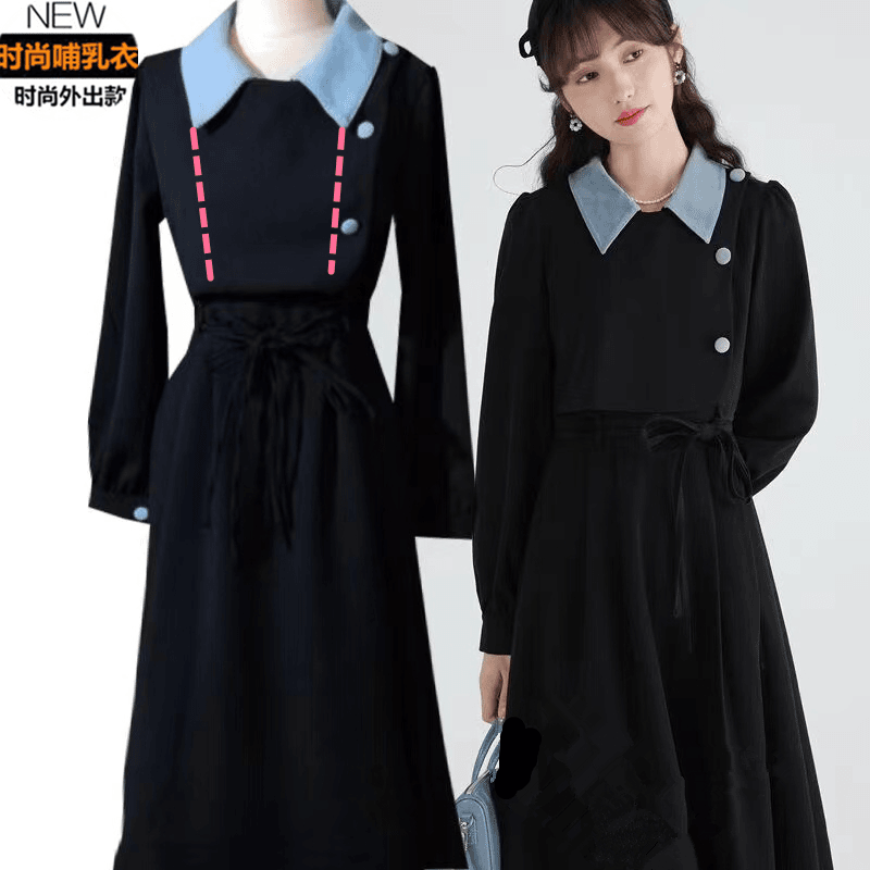2024春季哺乳衣外出辣妈款产后喂奶衣服法式桔梗长袖哺乳连衣裙