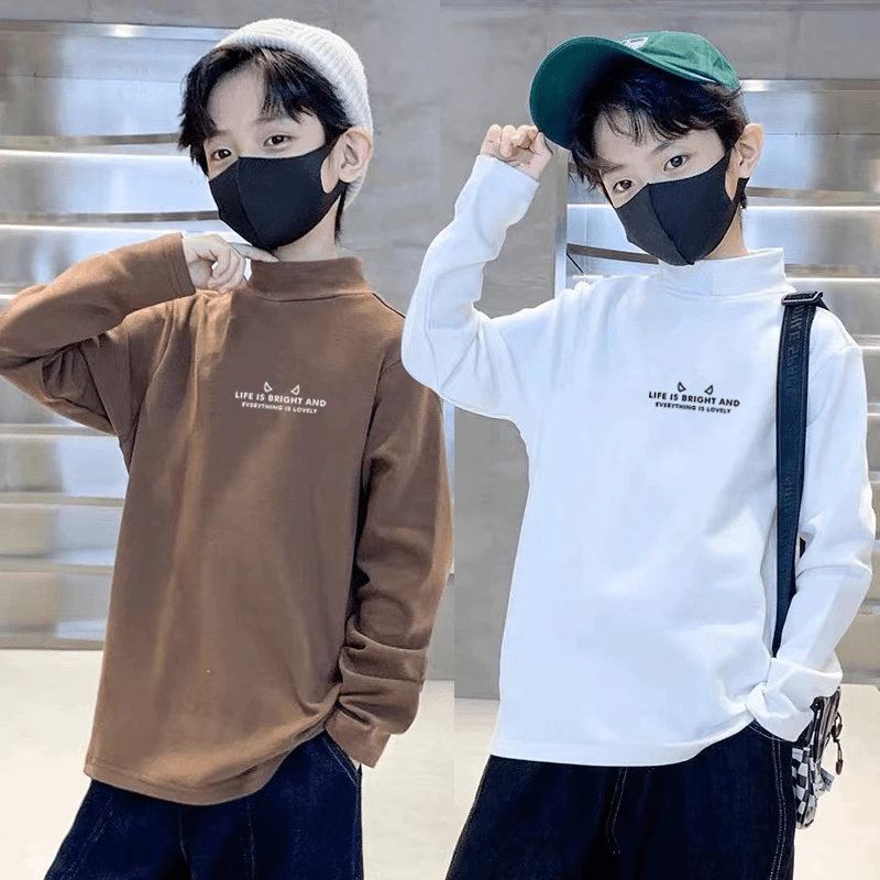 儿童半高领打底衫秋冬男童中大童德绒磨毛保暖长袖内搭印花上衣潮