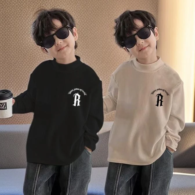 儿童半高领打底衫秋冬男童中大童德绒磨毛保暖长袖内搭印花上衣潮