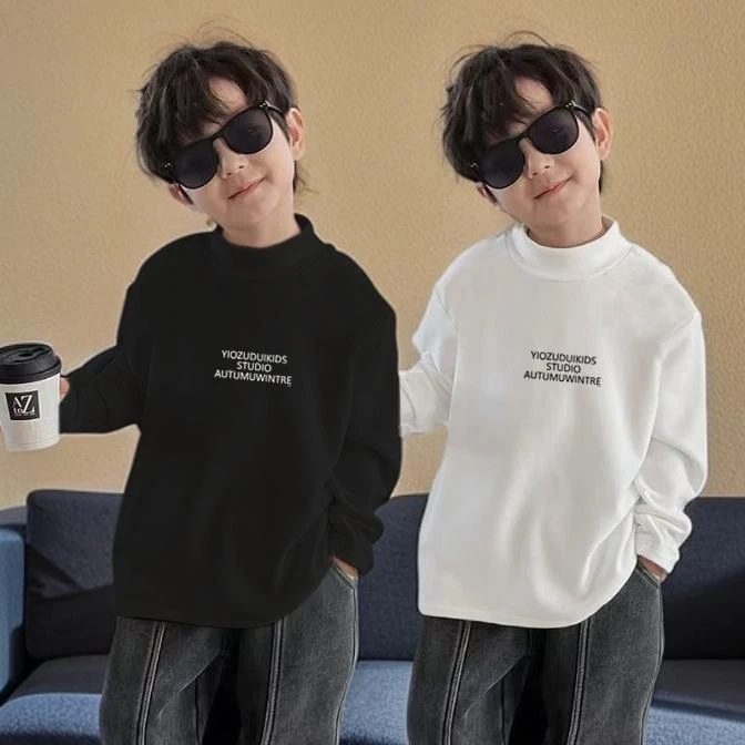 儿童半高领打底衫秋冬男童中大童德绒磨毛保暖长袖内搭印花上衣潮