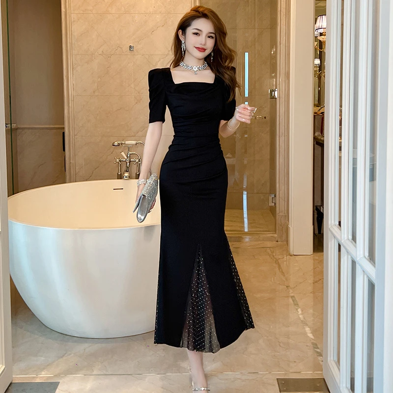 2025夏季新款女装法式方领泡泡袖显身材气质修身鱼尾连衣裙30194