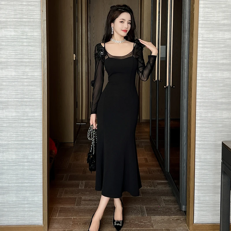 10858新款时尚赫本风黑色气质修身法式设计师名媛高级长袖连衣裙