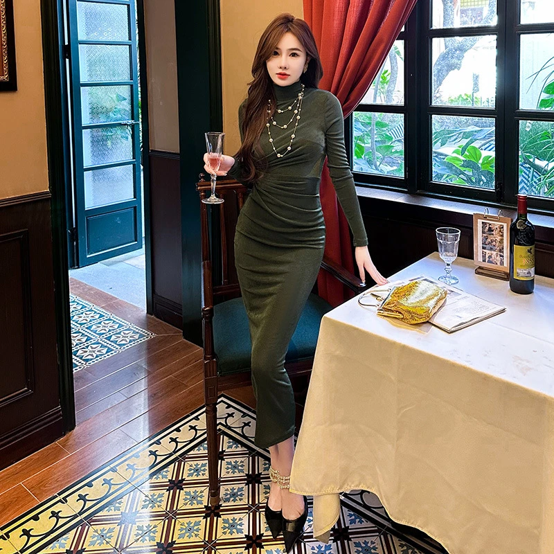 【周子澜专属】法式立领弹力气质修身显瘦连衣裙内搭打底长裙5574
