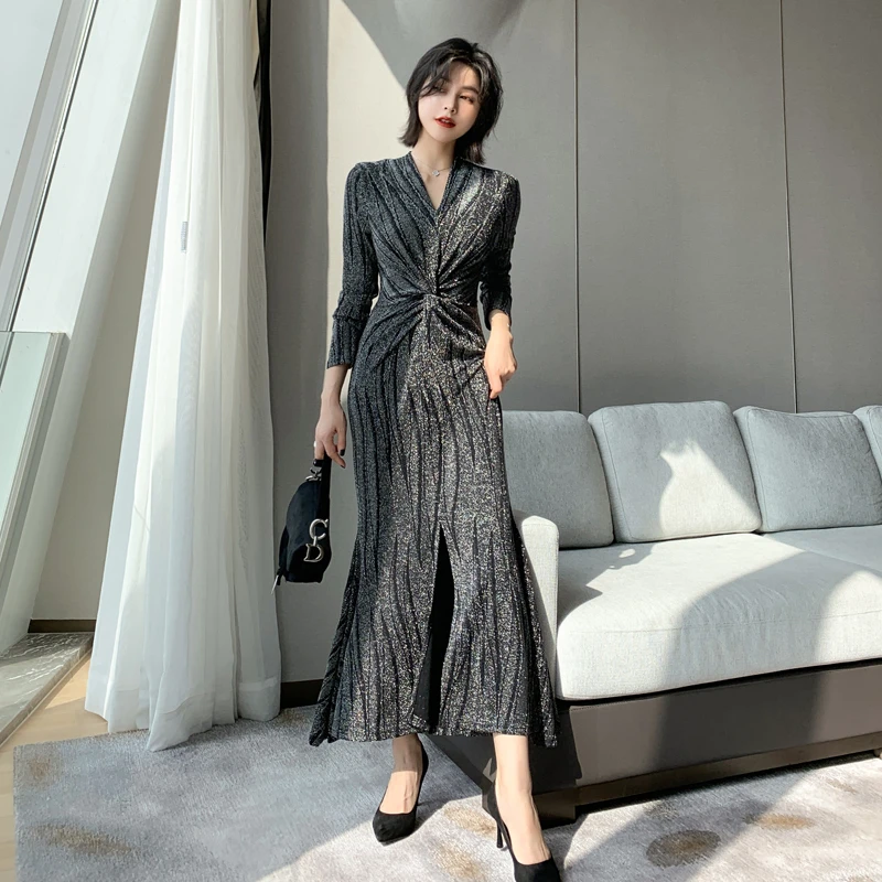 3659春秋女装V领时尚开叉礼服长裙修身显瘦遮肉典雅复古风连衣裙