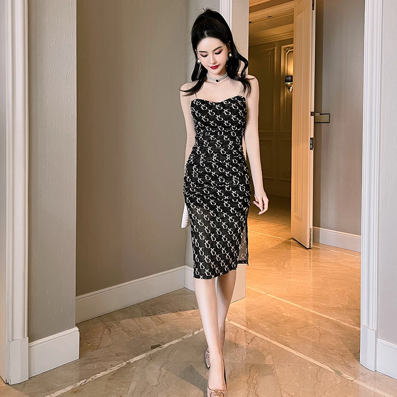 网纱赫本风方领气质拼接印花修身显瘦开叉包臀连衣裙女10186