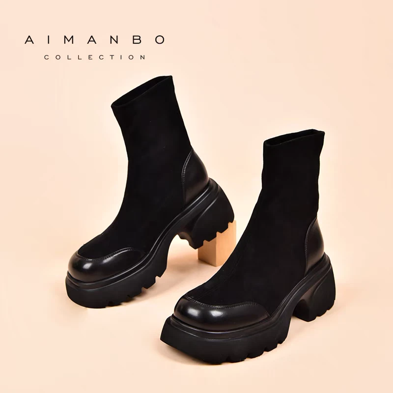 漫步佳人2023冬季新品粗跟厚底增高马丁靴百搭款显瘦套筒瘦瘦靴女