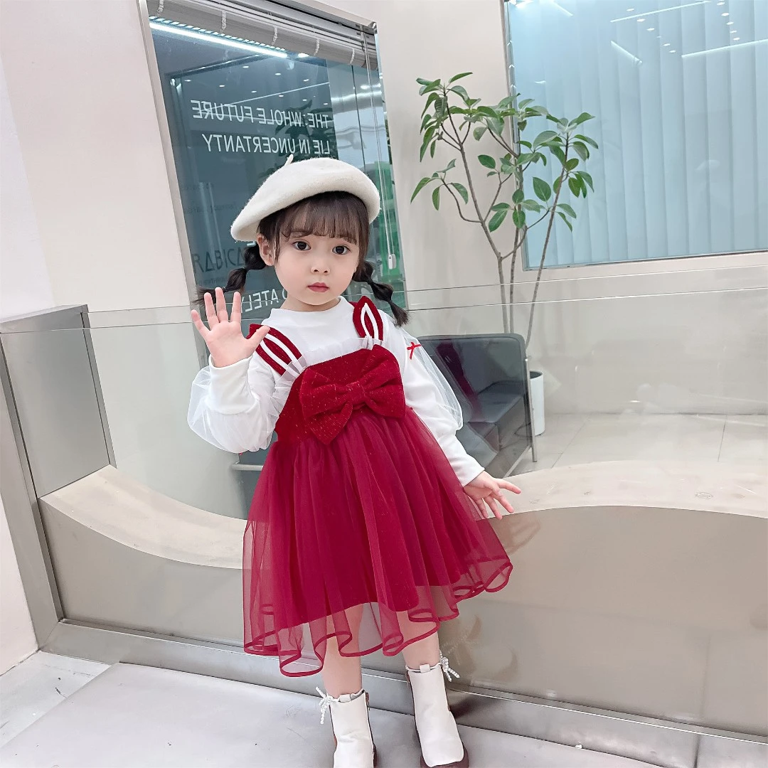 女童连衣裙兔兔红色网纱新年礼服裙女宝宝洋气套装裙冬裙公主裙子