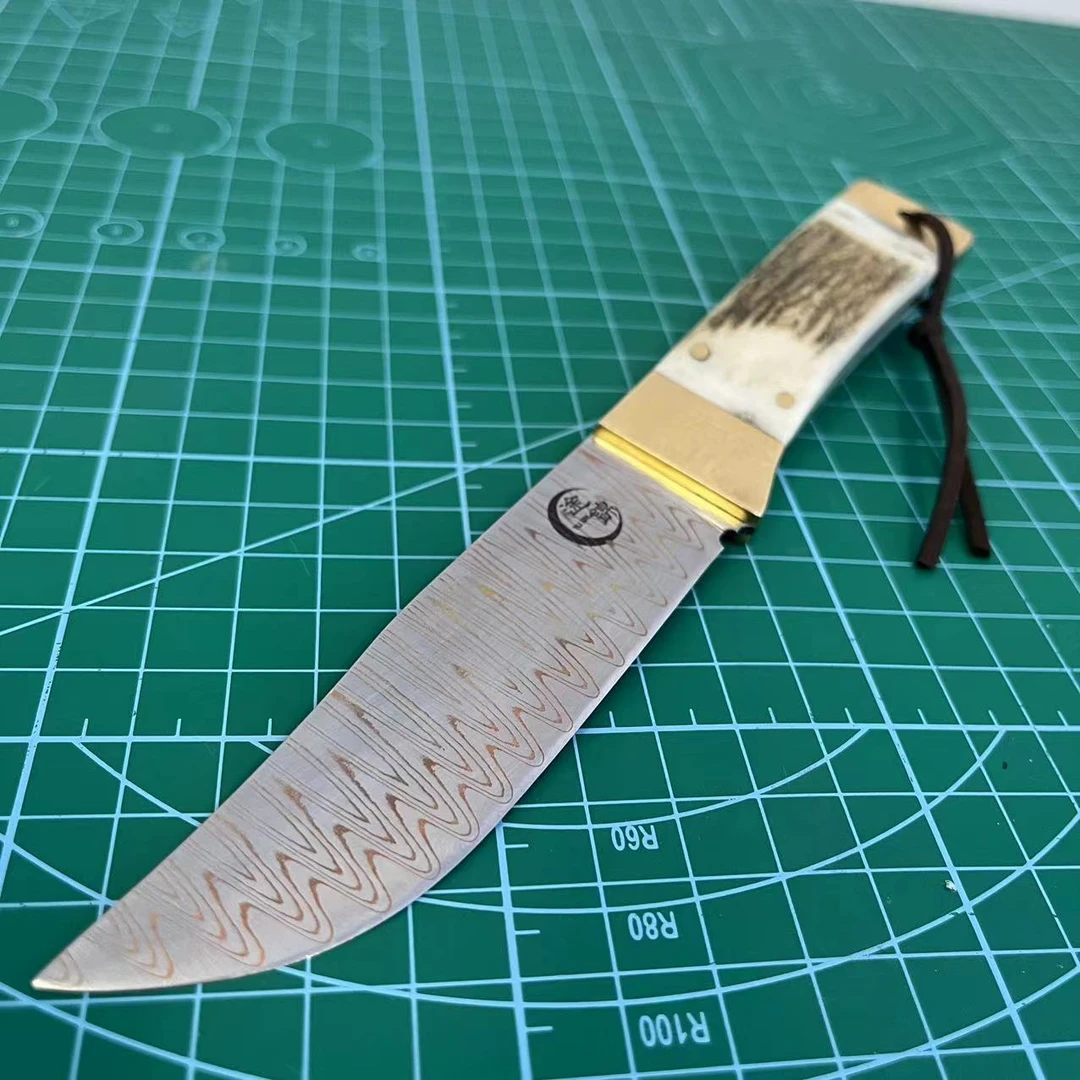 大马士革水果刀黄铜大马士革夹SKD-11日本进口磨具冷作钢鹿角手柄