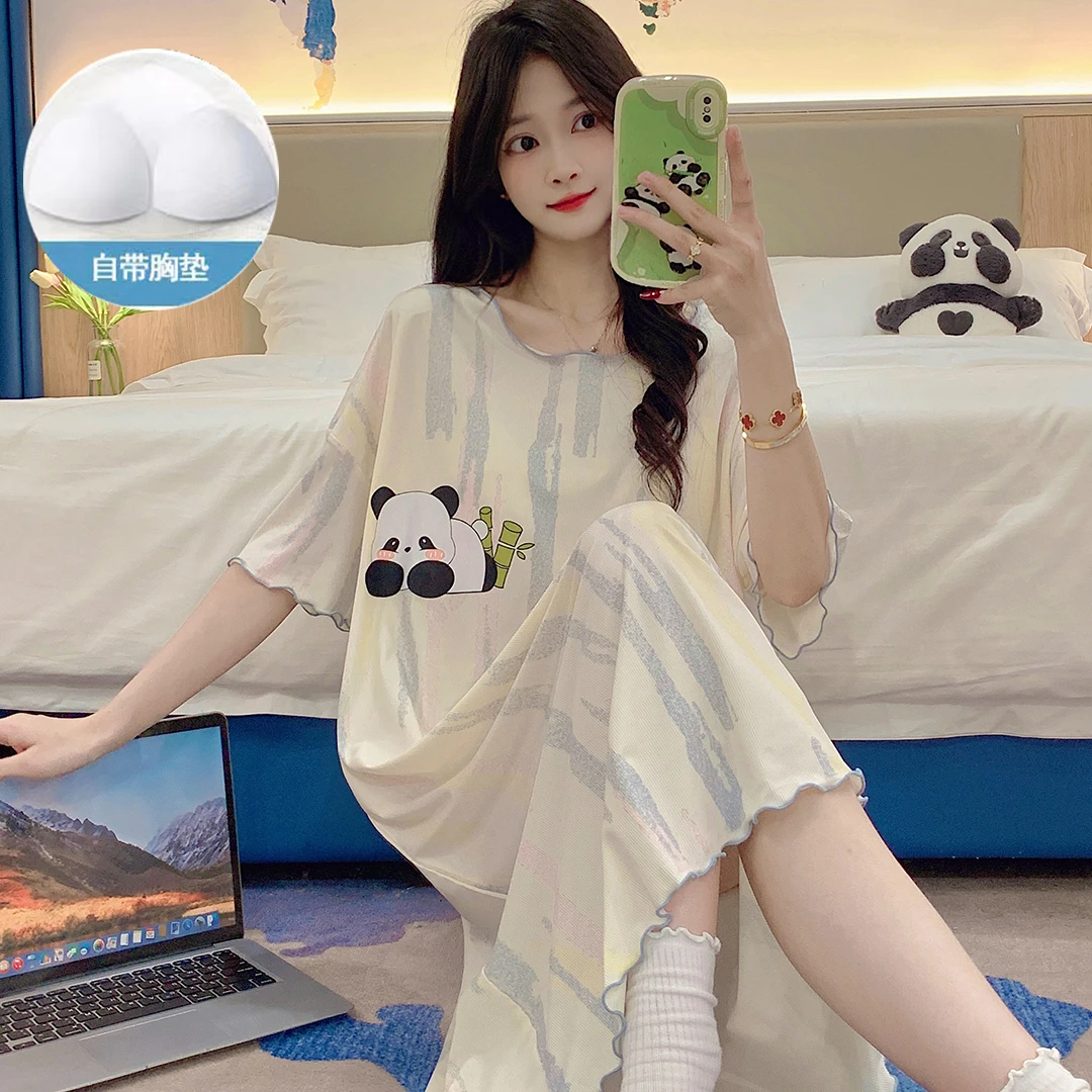 带胸垫短袖睡裙女士冰凉螺纹2024新款卡通宽松大码睡衣家居服夏天