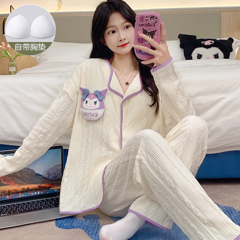 带胸垫睡衣女士春秋季开衫长袖2024年新款卡通可爱冬天家居服套装