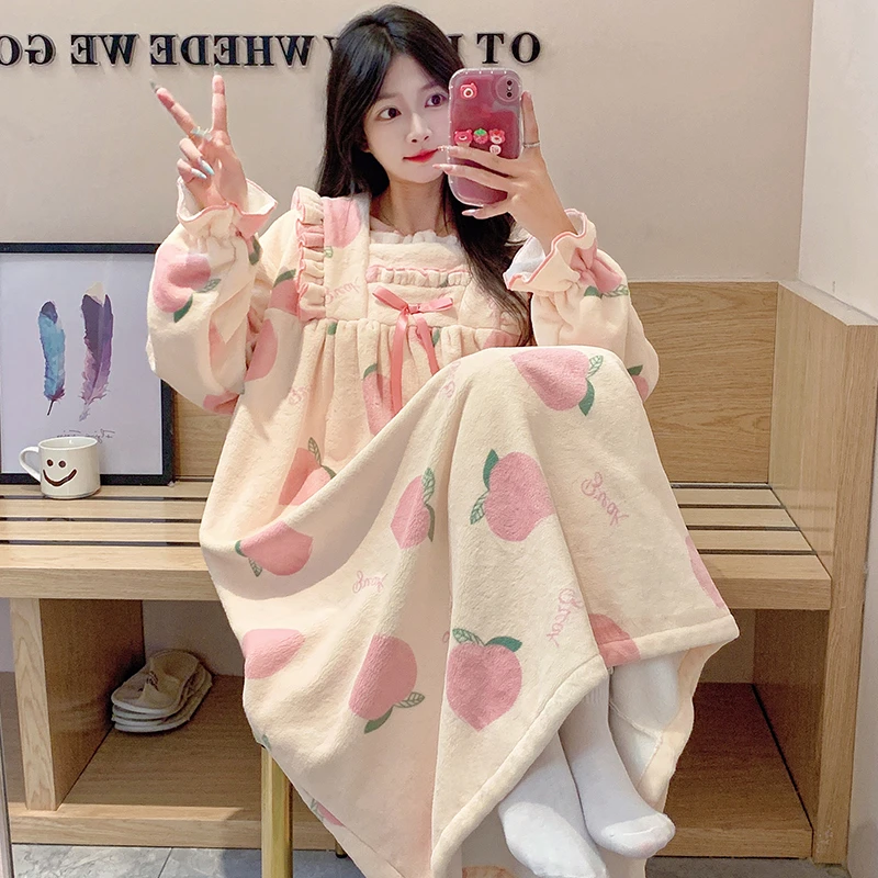 珊瑚绒睡裙女款秋冬季加绒加厚保暖公主风甜美裙子冬天睡衣家居服