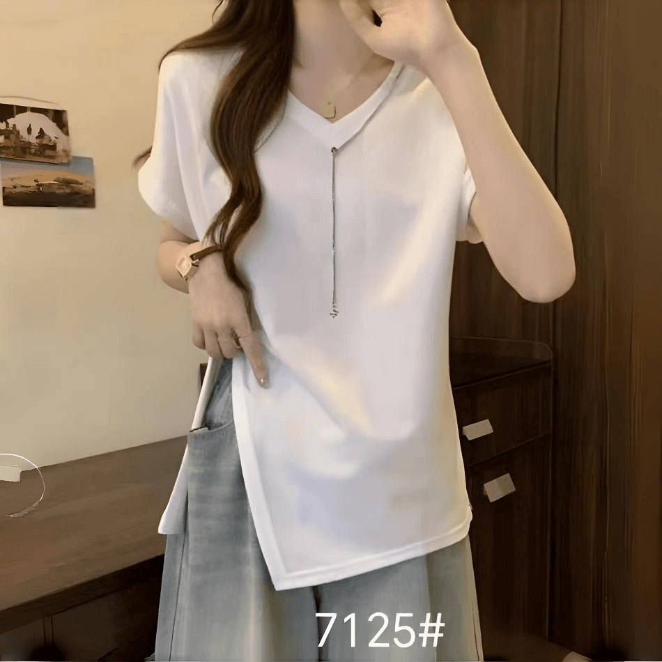 晓琳家 7125款 V领设计师小众不规则时尚短袖上衣