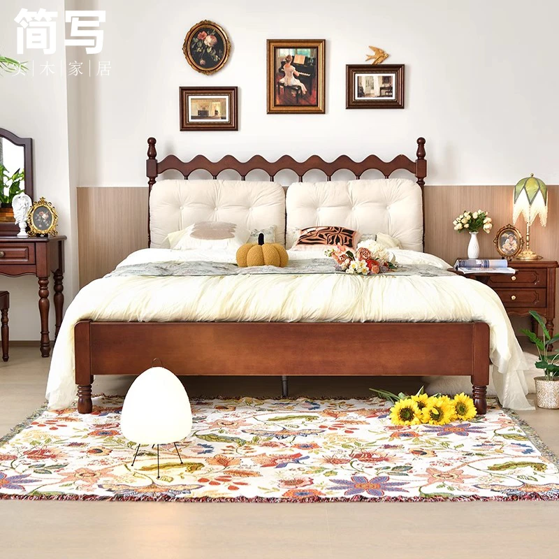 简写家居法式复古温莎床新中古风实木床单双人简约民宿1.8m1.5米
