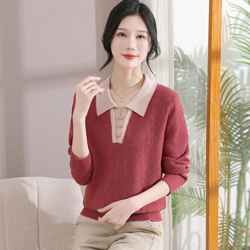 妈妈装秋冬翻领针织小衫提花中老年女秋装时尚打底毛衣百搭秋季86