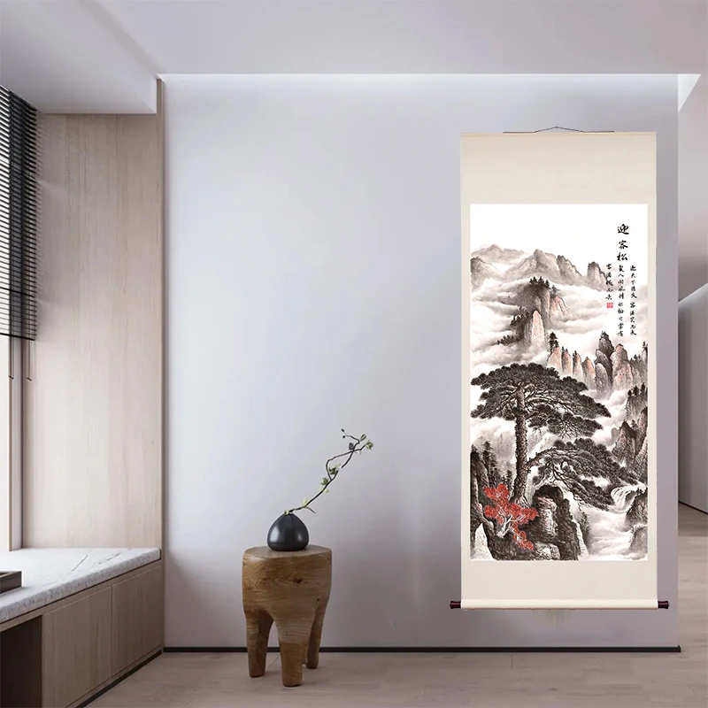 卷轴精装裱《迎客松》艺术微喷 立轴玄关茶室书房客厅装饰画