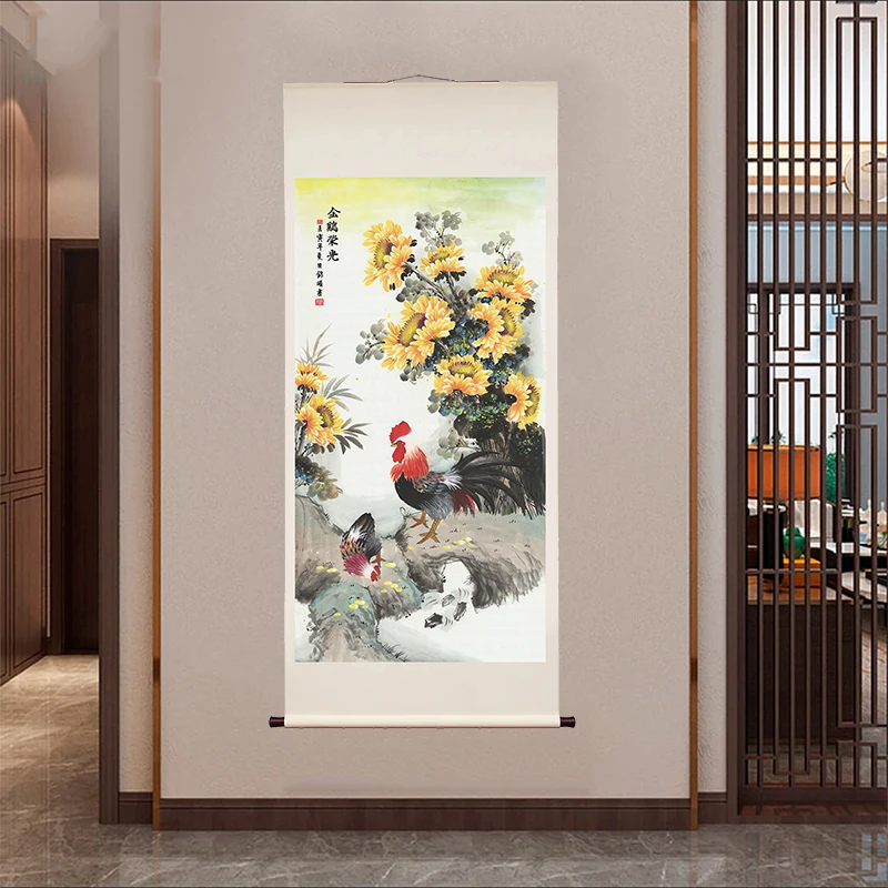 卷轴精装裱《金鸡荣光》艺术微喷 立轴玄关茶室客厅装饰画